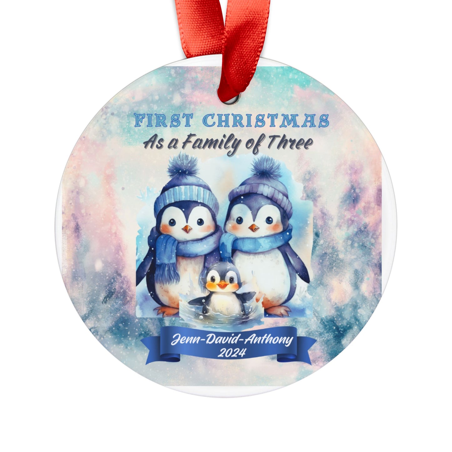 Penguin Family Custom Christmas Ornament New Parents of a family of three, First Christmas Ornament, Christmas Watercolor, New Baby Gift