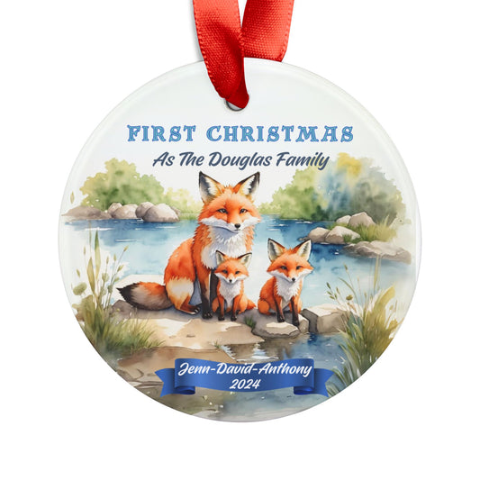 Red Fox Custom Christmas Ornament for a family of three,  Mommy and two Children, Christmas Ornament for family three, Christmas Watercolor