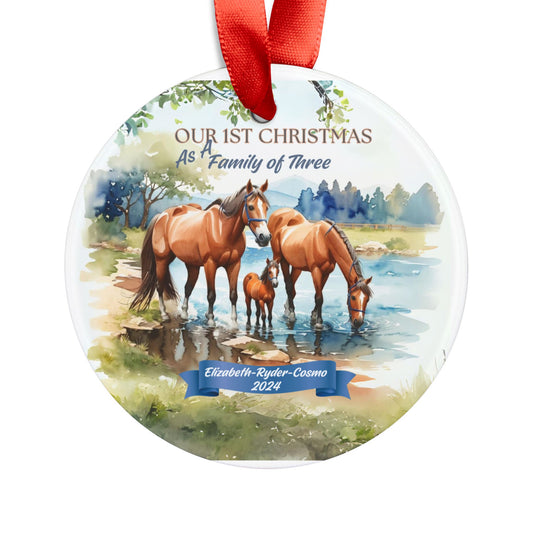 Horse Family Custom Christmas Ornament of a family of three,  Mommy and two Children, Christmas Ornament family four, Christmas Watercolor