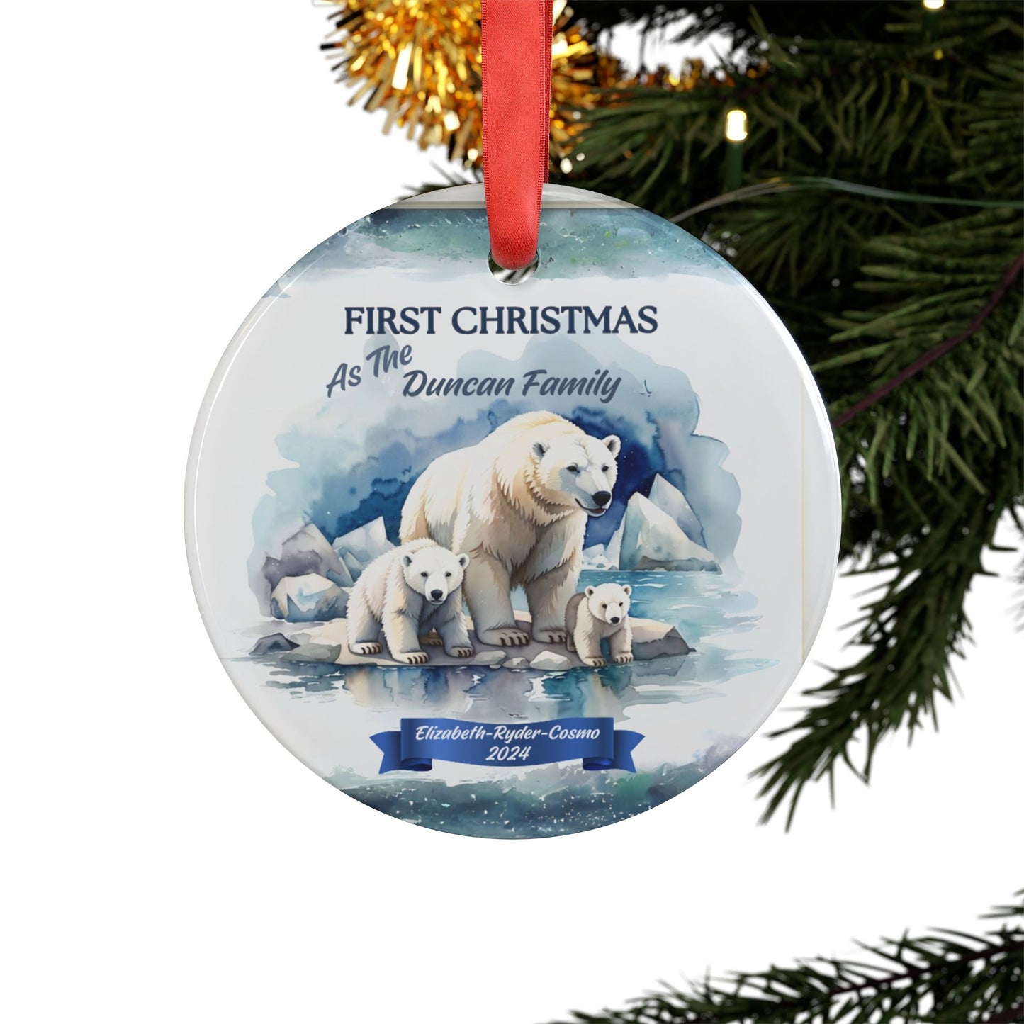 Polar Bear Custom Christmas Ornament of a family of three,  Mommy and two Children, Christmas Ornament family four, Christmas Watercolor