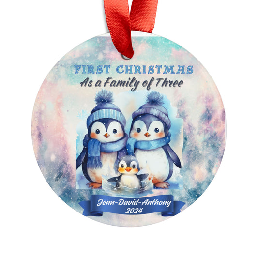 Penguin Family Custom Christmas Ornament New Parents of a family of three, First Christmas Ornament, Christmas Watercolor, New Baby Gift