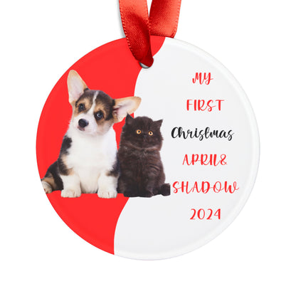 Puppy and Cat first Christmas Ornament, First Christmas for shepard and black cat, puppy and cat Christmas Watercolor Picture Keepsake,