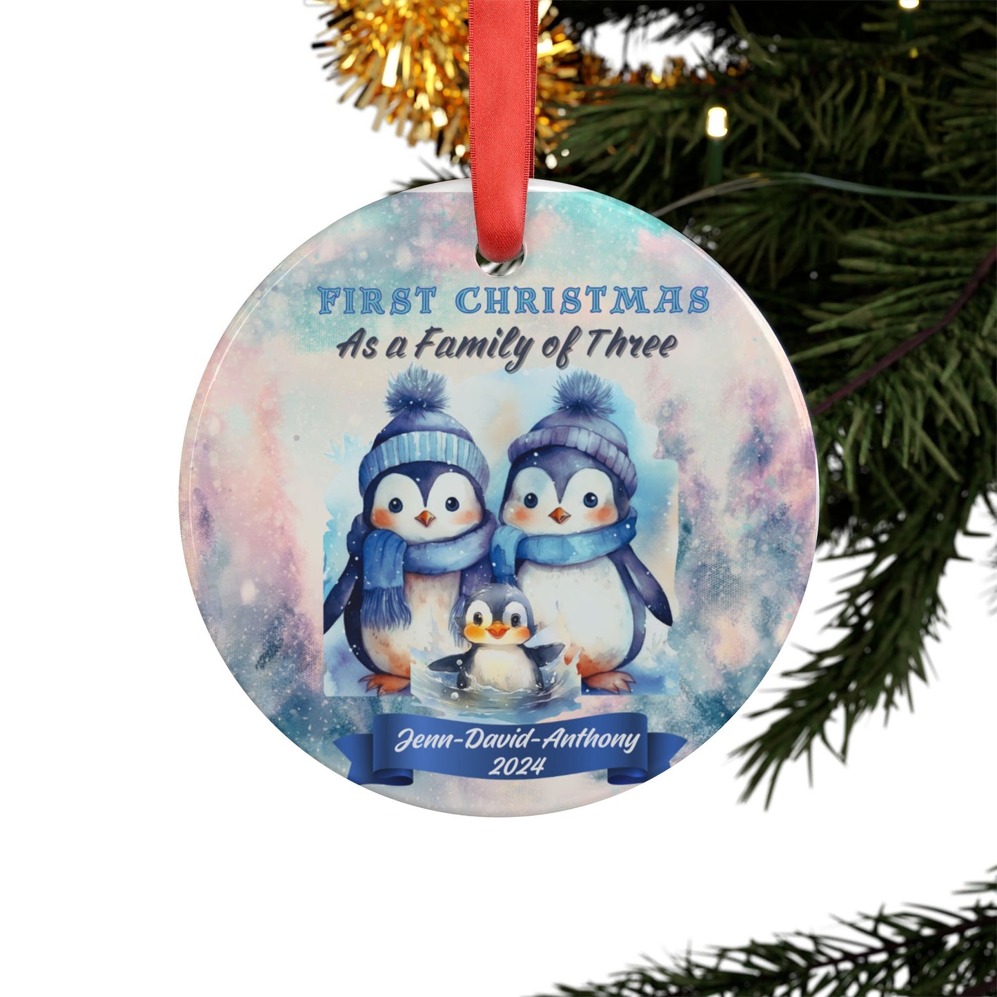 Penguin Family Custom Christmas Ornament New Parents of a family of three, First Christmas Ornament, Christmas Watercolor, New Baby Gift