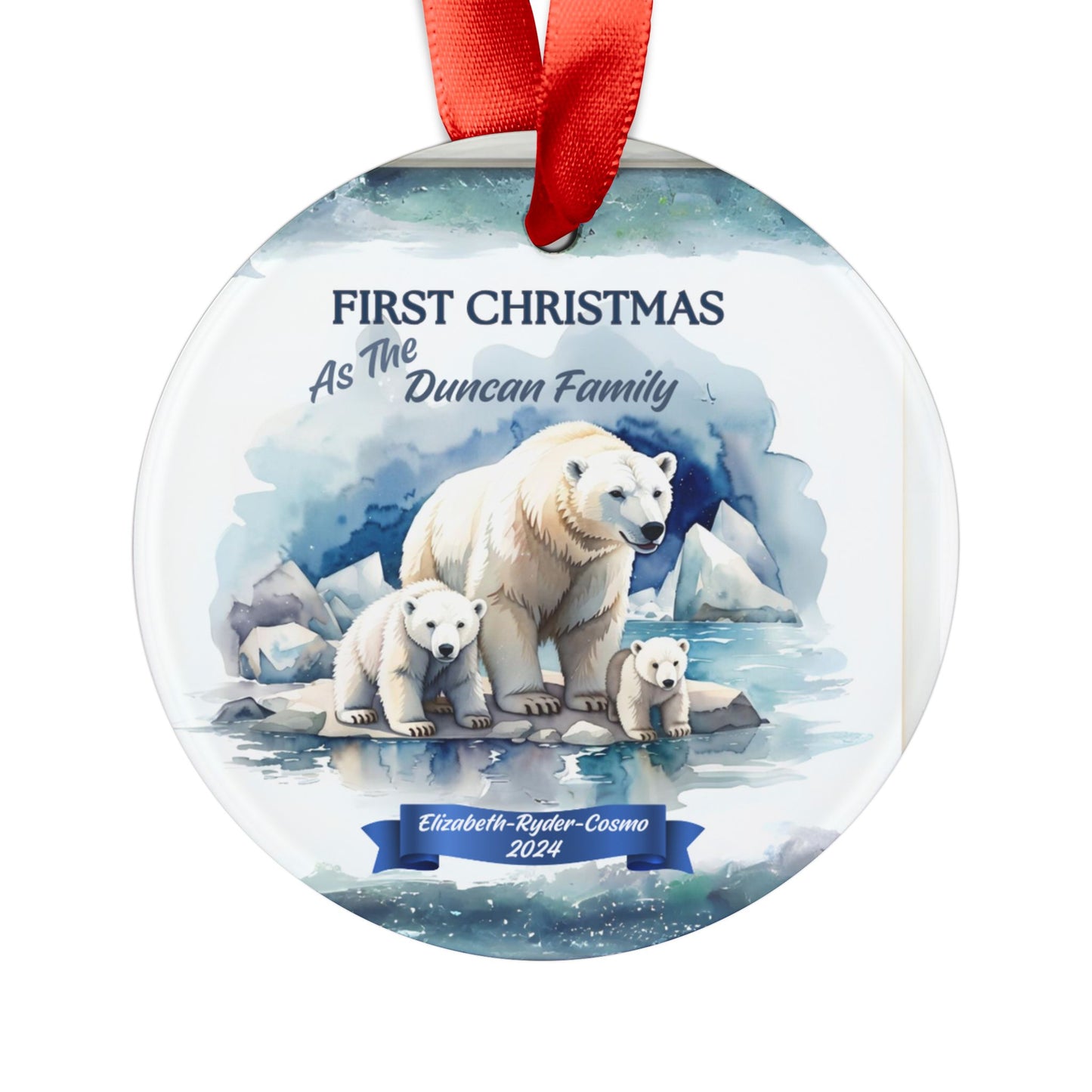 Polar Bear Custom Christmas Ornament of a family of three,  Mommy and two Children, Christmas Ornament family four, Christmas Watercolor