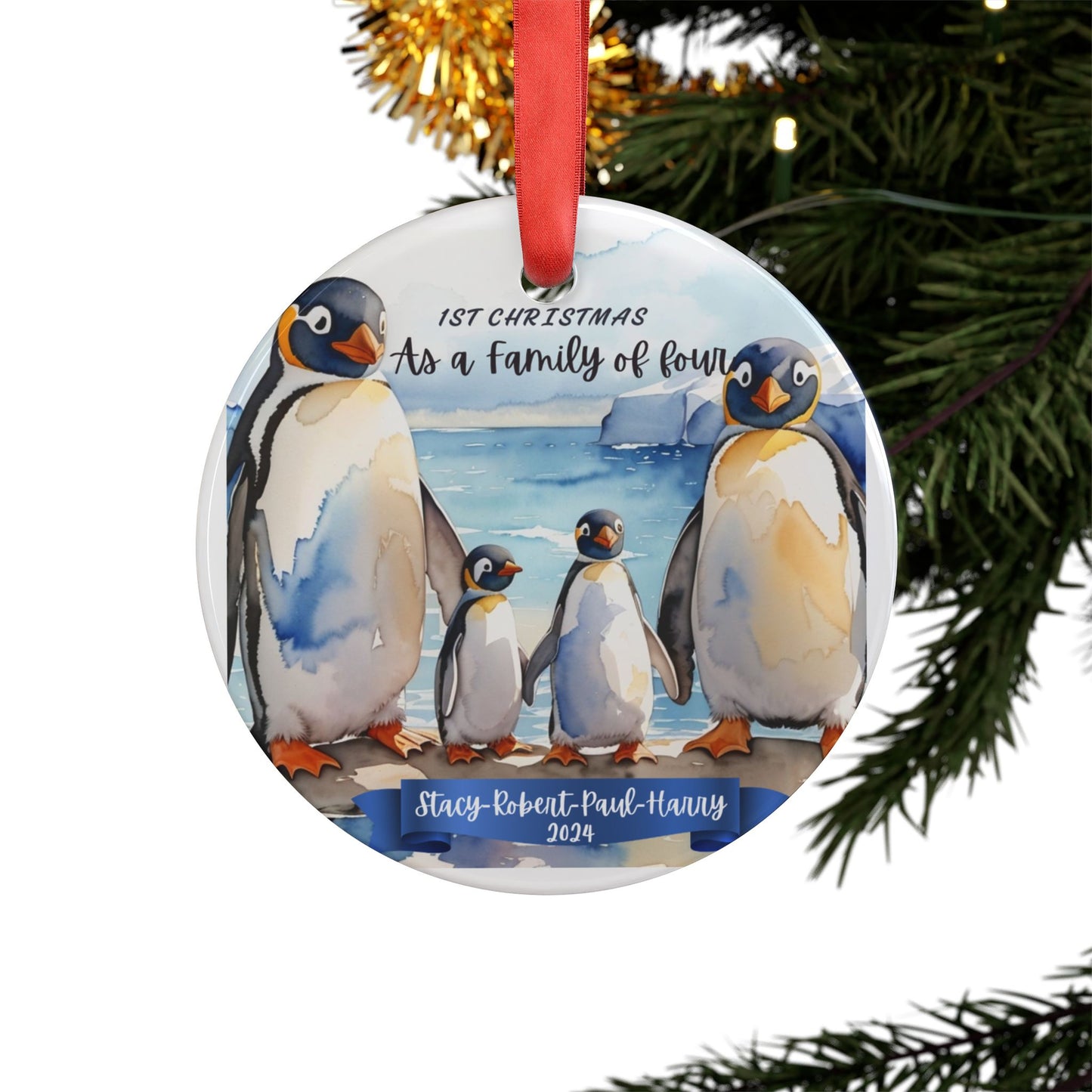 Penguin Custom Christmas Ornament for a family of four  Mommy and Daddy two Child, Christmas Penguin Ornament