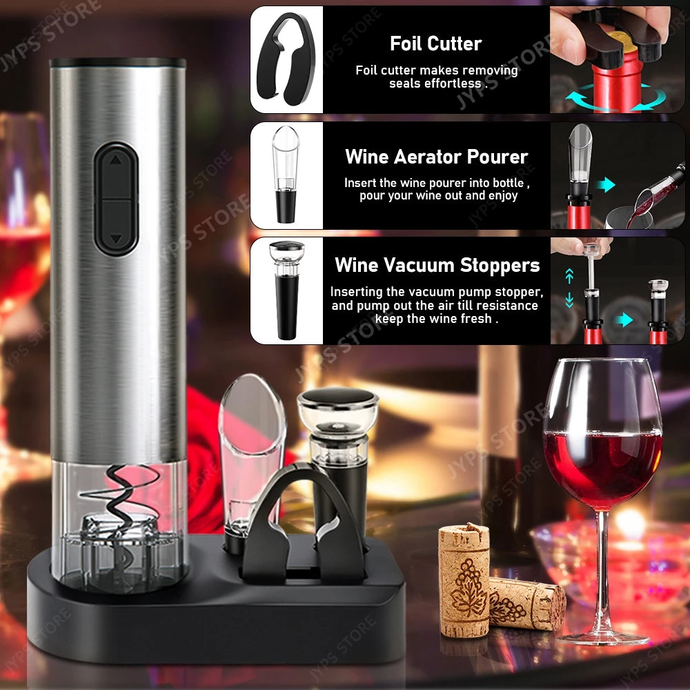 Stainless Steel Electric Wine Opener Set Automatic Corkscrew Wine Opener Foil Cutter Bottler Opener for Kitchen Bar Party Gifts