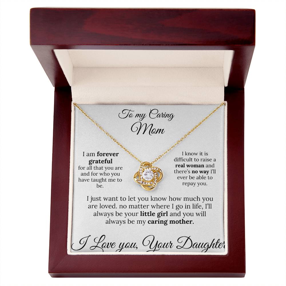 To a Caring Mom Love knot pendant – A Loving Note from Your Daughter