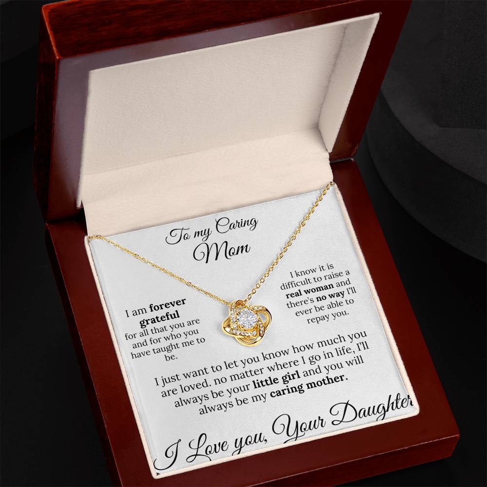 To a Caring Mom Love knot pendant – A Loving Note from Your Daughter