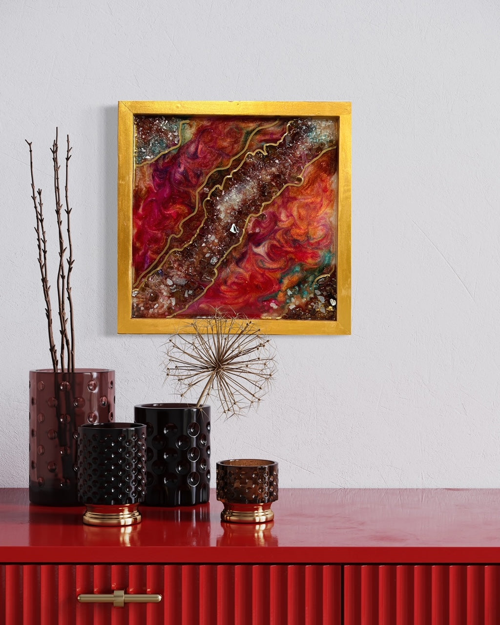 Fushia and Copper Swirl Epoxy Geode Canvas Art Original By Lisa Marie