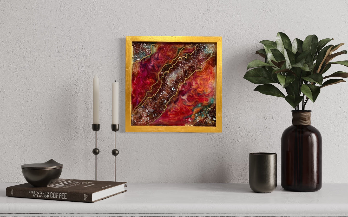 Fushia and Copper Swirl Epoxy Geode Canvas Art Original By Lisa Marie