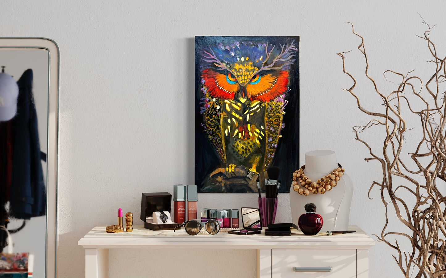 Owl art Mystical, owl Nature symbolism art, Illuminated owl ,Spiritual animal art, Wisdom artwork Unique owl painting , Mushrooms and nature, Owl lover gift